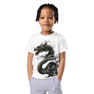 T-shirt col ras du cou enfant dragon noir et blanc