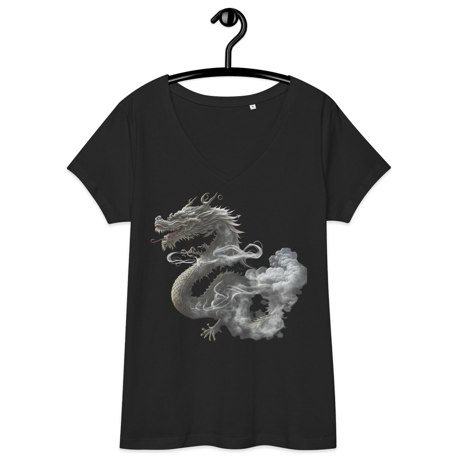 T-shirt col V ajusté femme dragon Noir & blanc – Image 2