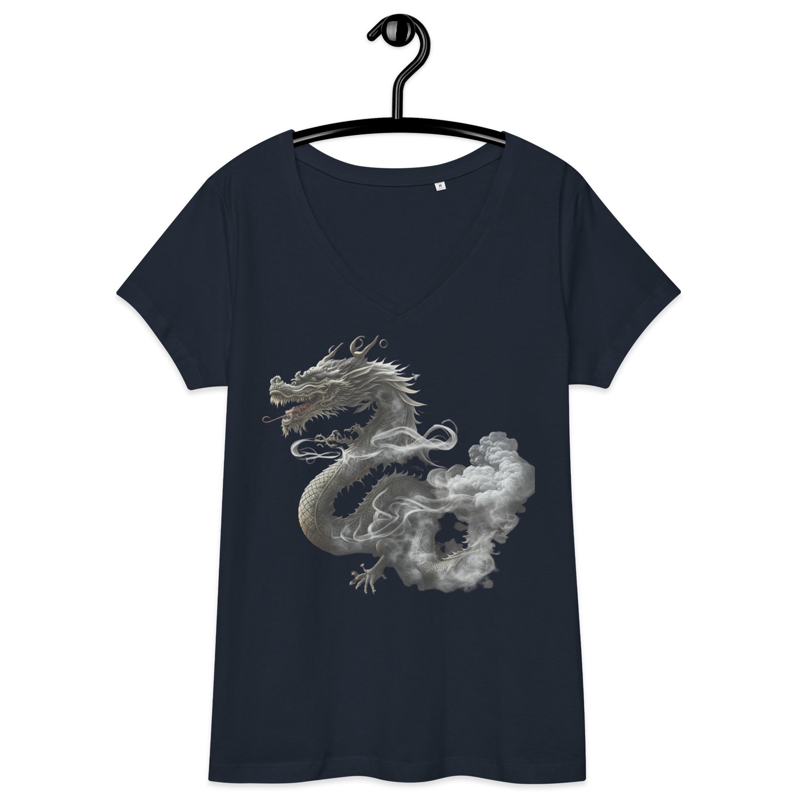 T-shirt col V ajusté femme dragon Noir & blanc – Image 3