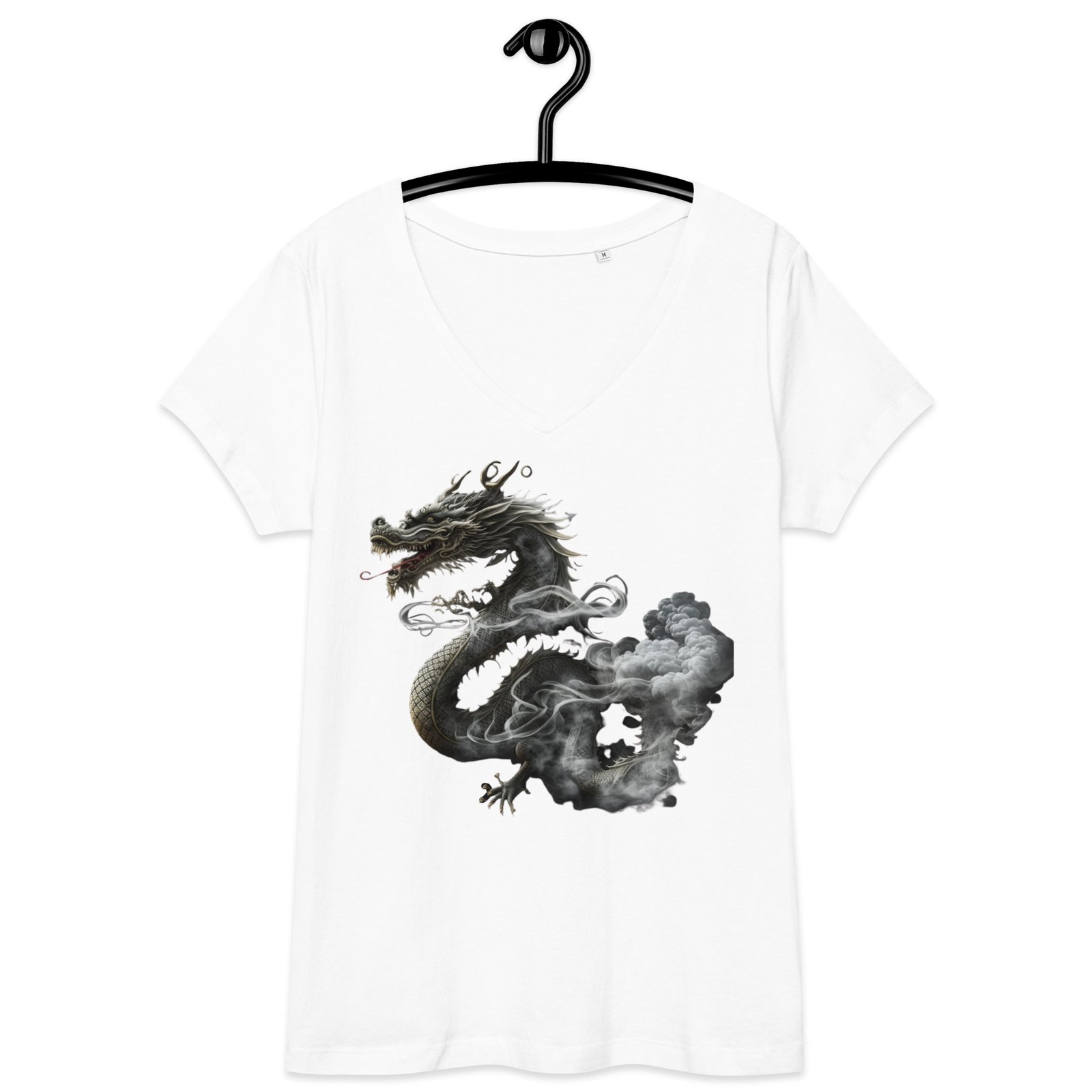 T-shirt col V ajusté femme dragon Noir & blanc